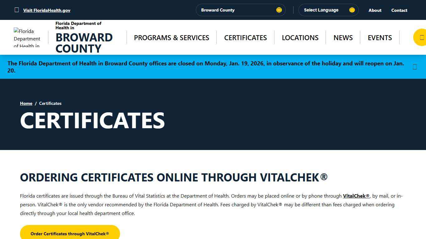 Certificates - Florida Department of Health in Broward County